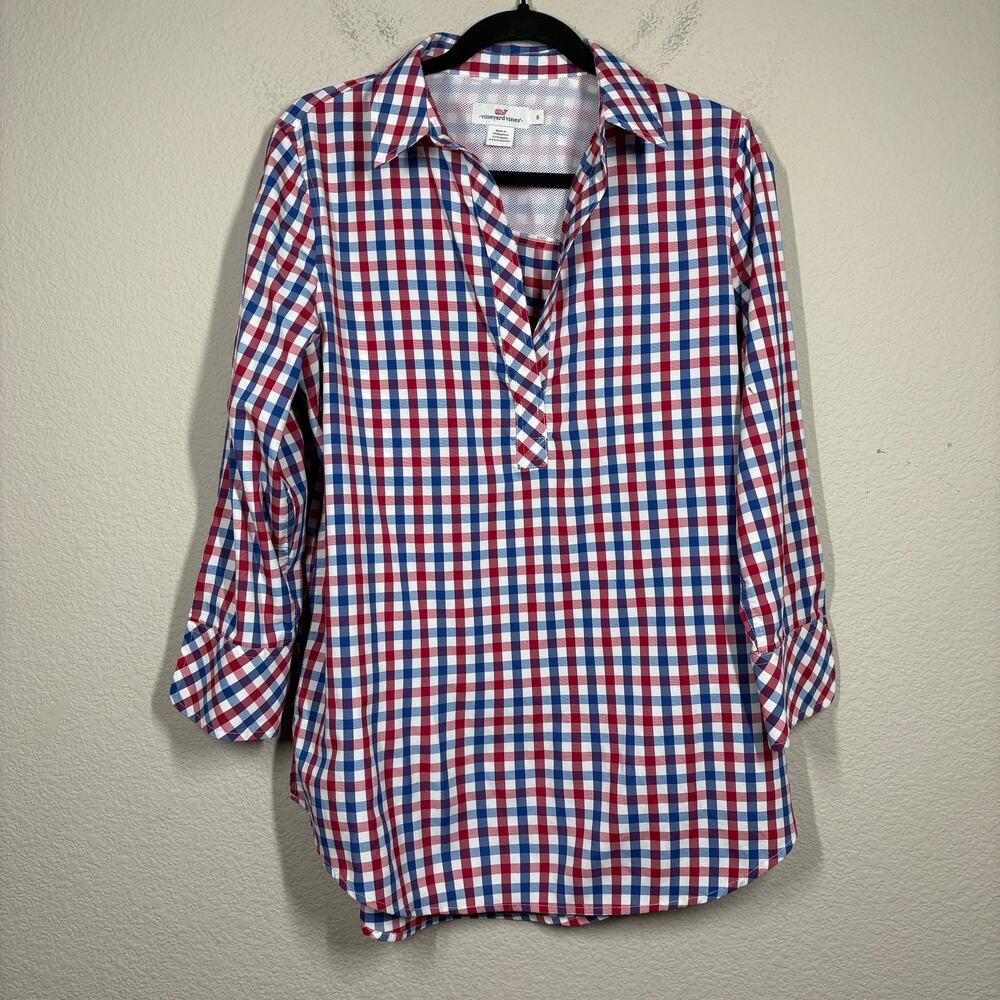 Vineyard Vines Womens 8 Gingham Popover Shirt Red Blue Vented 3/4 Sleeve